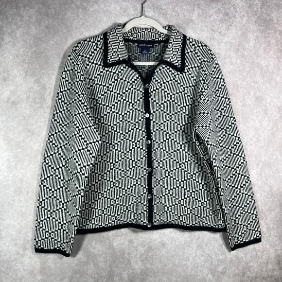Ann Taylor Cardigan Sweater Womens Large Black White Print Lambswool Button Art‎ - Picture 1 of 10